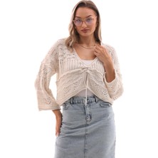 Kadın Desenli Önü Büzgü Detaylı Triko Örme Hırka 245138 -