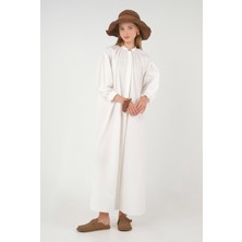 Yakası Büzgülü Poplin Elbise Beyaz