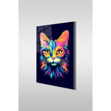 Glaszen Renkli Kedi Illüstrasyon Dekoratif Dikey Cam Tablo