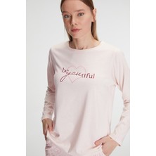 Kadın Uzun Kollu Modal Pamuklu Kalpli Toz Pembe Pijama Takımı 11289