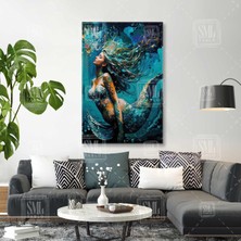 SML Tablo Saçları Dalgalanan Sarışın Deniz Kızı Deniz Altı Mermaid Dikey Kanvas Tablo