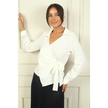 By Saygı Kruvaze Yaka Kol Düğme Detaylı Krep Saten Bluz