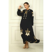 By Saygı Kadın Yaka Bağcıklı Kelebek Nakışlı Kol Uçları Lastikli Rahat Kalıp Uzun Viskon Elbise