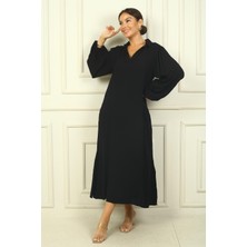 By Saygı Kadın Polo Yaka Kol Uçları Lastikli Cepli Rahat Kalıp Uzun Viskon Elbise