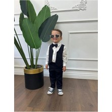 Ares Kids Fashion Beyaz Gömlek Lacivert Yelek , Pantolon ve Papyon Şık Giyim Için Erkek Kız Çocuk Hediye