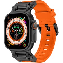 ekılıf - ​​​Apple Watch Ultra 49mm - Kordon Titanyum Metal Başlıklı Silikon Kordon - KRD-101 - Siyah-Turuncu - T30722