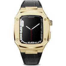 ekılıf - ​​​Apple Watch 44mm - Kordon PU Deri Tasarımlı Kayış - KRD-67 - Siyah-Gold - T23544