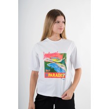Kadın Beyaz Paradise Baskılı Bisiklet Yaka T-Shirt HZL24S-YY302