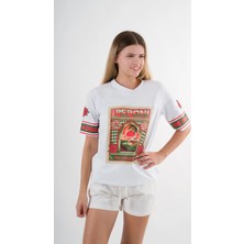 Kadın Beyaz Kırmızı Peponi Baskılı Bisiklet Yaka T-Shirt HZL24S-YY302