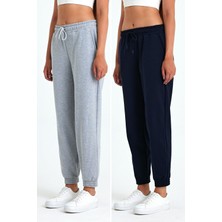 Kadın Siyah-Antrasit Pamuklu Kalın Paçası Lastikli Yüksek Bel Rahat Jogger 2'li Eşofman Altı