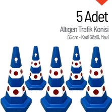5 Adet Kedi Gözlü Mavi Altıgen Trafik Konisi 65 cm Trafik Dubası Seti