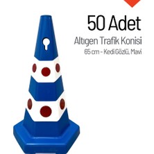 İleri Trafik 50'Li Kedi Gözlü Mavi Altıgen Trafik Konisi Seti 65 Cm Trafik Dubası