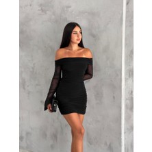 You Like Butik Carmen Yaka Kolu Volanlı Drape Elbise