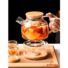 Erkugo Vakumlu Bambu Kapaklı Isıya Dayanıklı Borosilikat Cam Demlik, Süzgeçli Demlik (1000 Ml) Teapot