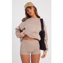 Pretty Little Thing Taupe Miami Işlemeli Sweatshirt