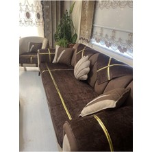 Tekstilsa Yeni Moda Lüks Kadife Süngelri Koltuk Çekyat Örtüsü (12 Parça Takım 3,3,1,1) Kahverengi