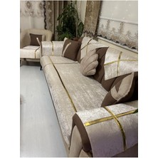 Tekstilsa Yeni Moda Lüks Kadife Süngerli Koltuk Çekyat Örtüsü (12 Parça Takım 3,3,1,1) Krem Rengi