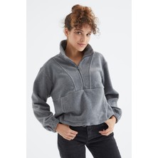 Tommy Life Gri Melanj Yarım Fermuar Etek Ucu Büzgülü Kadın Polar Oversize Sweatshirt - 97171