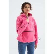 Tommy Life Şeker Pembe Etek Ucu Büzgülü Yarım Fermuarlı Oversize Kadın Polar Sweatshirt - 97238