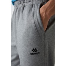 Tommy Life Gri Melanj Pamuklu Yumuşak Dokulu Standart Fit Nakışlı Erkek Kapri - 83102