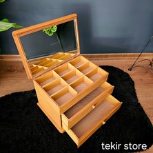 Tekir Store Aynalı İki Çekmeceli Dekoratif Takı Saat Kutusu Çok Amaçlı Organizer Ahşap Rustik Bambu Eskitme Mdf