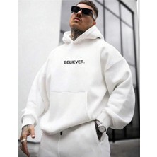 Erkek Beyaz Believer Baskılı Oversize Sweatshirt