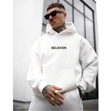 Erkek Beyaz Believer Baskılı Oversize Sweatshirt