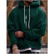 Erkek Yeşil Oversize Kapüşonlu Dikey Baskılı Sweatshirt