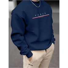 Erkek Lacivert Paris Baskılı Bisiklet Yaka Sweatshirt