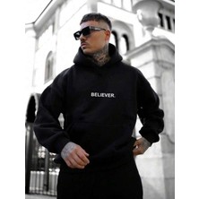 Erkek Siyah Believer Baskılı Oversize Sweatshirt