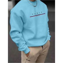 Erkek Bebe Mavi Paris Baskılı Bisiklet Yaka Sweatshirt