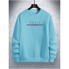 Erkek Bebe Mavi Paris Baskılı Bisiklet Yaka Sweatshirt