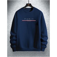 Erkek Lacivert Paris Baskılı Bisiklet Yaka Sweatshirt