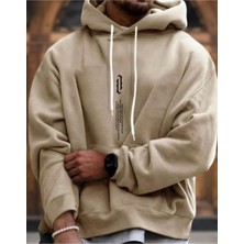 Erkek Bej Dikey Baskılı Oversize Sweatshirt