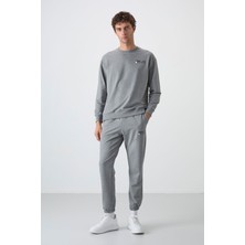 Tommy Life Gri Melanj Casual O Yaka Lastik Paça Pamuklu Erkek Oversize Eşofman Takımı - 85120