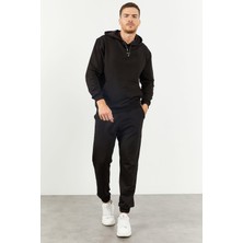 Tommy Life Tommy Life  Siyah Erkek Kapüşonlu Kanguru Cep Oversize Lastik Paça Eşofman Takımı - 85117