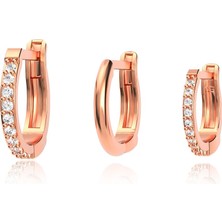 İndigo Takı 3 Boy Taşlı Sade Halka Kombin Rose Gümüş Küpe