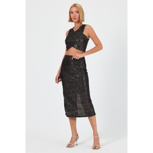 Sobasic Pırıltılı Kumaş Yırtmaç Detaylı Sırtı Fermuarlı  Crop Bluz ve  Etek Ikili Takım M - Bakır