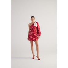 Puantiyeli Çıkarılabilir Kurdele Aksesuarlı Tek Kollu Mini Polka Elbise Kırmızı