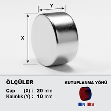 NeoHobi Neodyum Mıknatıs Çap 20 mm Kalınlık 10 mm D 20 x 10 mm Çok Güçlü Yuvarlak Mıknatıs 2 Adet