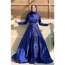 Taş Detaylı Kemer Aksesuarlı Saten Abiye Elbise 5002 Lacivert