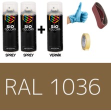 Sio Colors 2 Adet Sprey + 1 Adet Vernik Sedef Altın RAL-1036 Sprey Boya Seti 400 Ml+Zımpara+Kağıt Bant+Eldiven