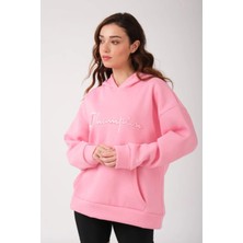 Unisex Oversize Pembe Nakışlı Kapüşonlu 3 Iplik Sweatshirt