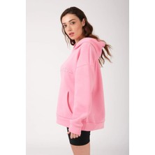 Unisex Oversize Pembe Nakışlı Kapüşonlu 3 Iplik Sweatshirt