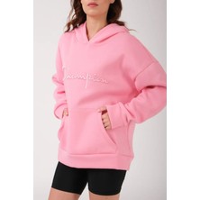 Unisex Oversize Pembe Nakışlı Kapüşonlu 3 Iplik Sweatshirt