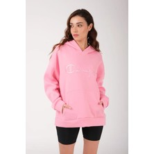 Unisex Oversize Pembe Nakışlı Kapüşonlu 3 Iplik Sweatshirt