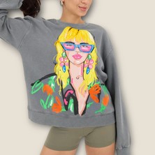 Kadın Sweatshirt Eskitilmiş Kumaş Zr Baskılı