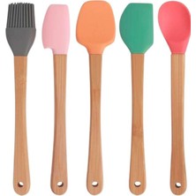 DMR 5 Parça Mini Silikon Spatula Kaşık Fırça Seti Bambu Saplı