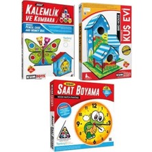 Tekno Trust Kumtoys 3'lü Ahşap Maket Boyama Seti-Kalemlik ve Kumbara&kuş Evi&saat Boyama