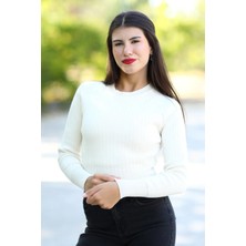 Kadın Bej Fitilli Crop Triko Kazak Kısa Model Akrilik Kumaş Ribanalı - 3122